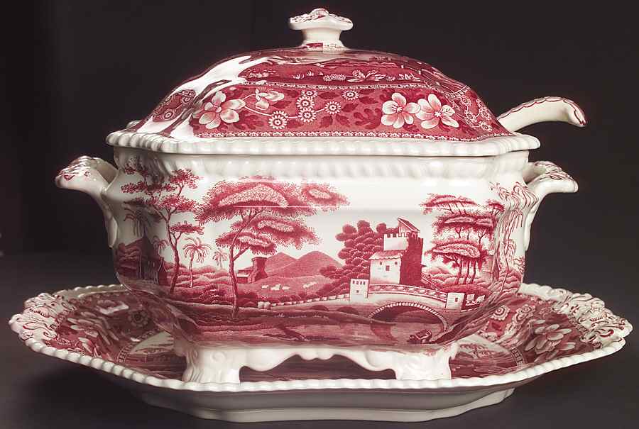 Tower Pink (Older Backstamp) Tureen & Lid W/Ladle & Underplate by Spode-1