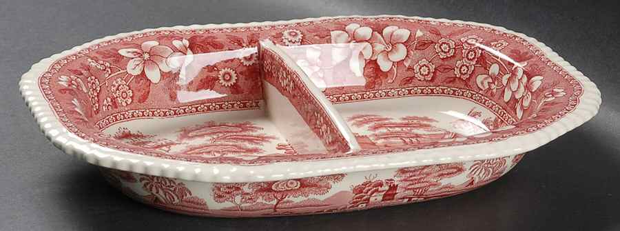 Tower Pink (Older Backstamp) 10" Oval Divided Vegetable Bowl by Spode-1