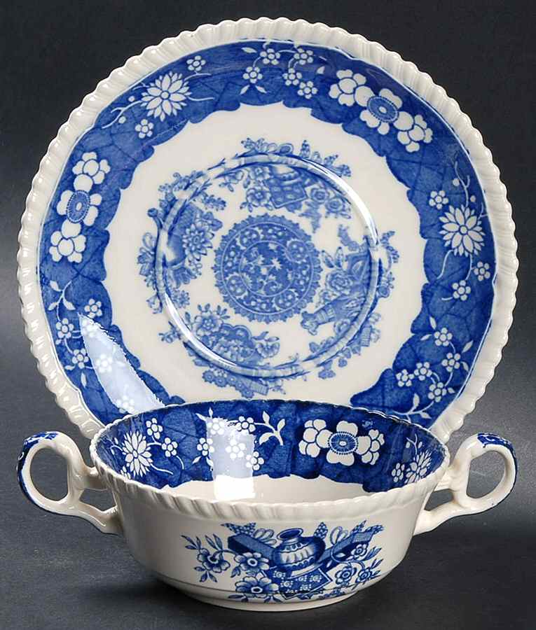 Trophies (Blue) Footed Cream Soup Bowl & Saucer Set by Spode-1