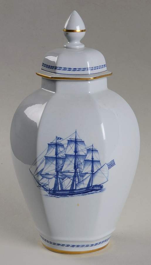 Trade Winds Blue Hexagonal Vase with Lid by Spode-1