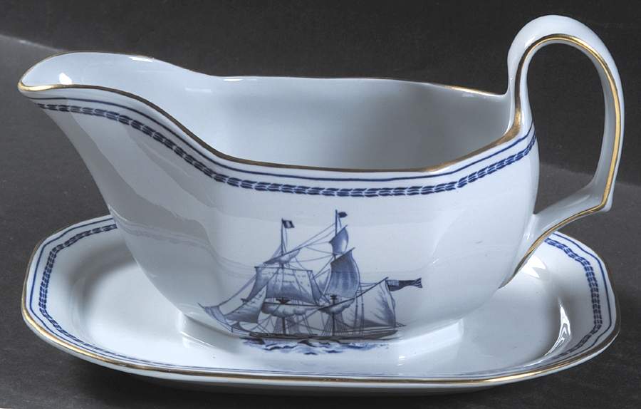 Trade Winds Blue Gravy Boat with Attached Underplate by Spode-1