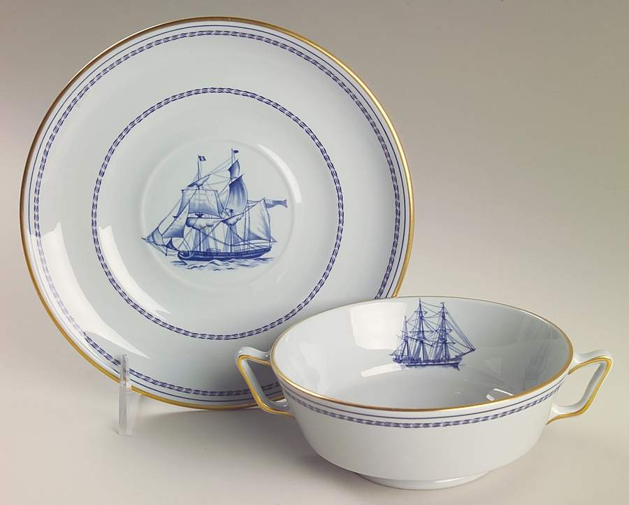 Trade Winds Blue Footed Cream Soup Bowl & Saucer Set by Spode-1