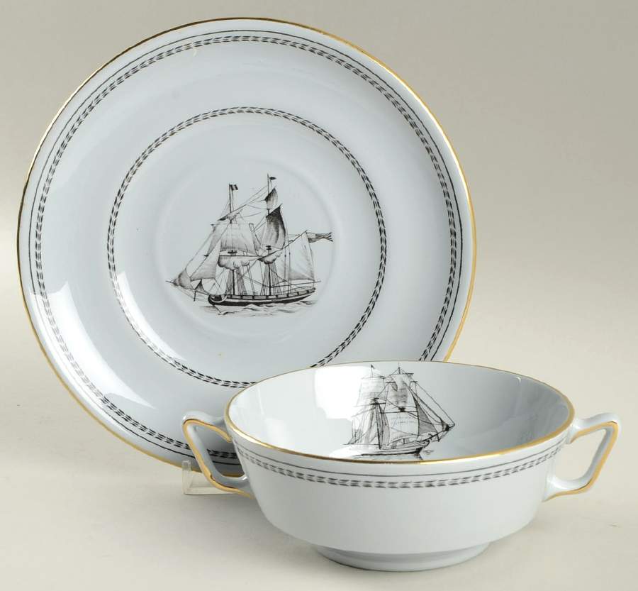 Trade Winds Black Footed Cream Soup Bowl & Saucer Set by Spode-1