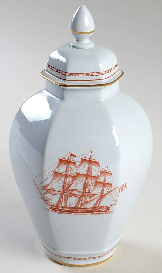 Trade Winds Red (Gold Trim) Hexagonal Vase with Lid Small by Spode-1