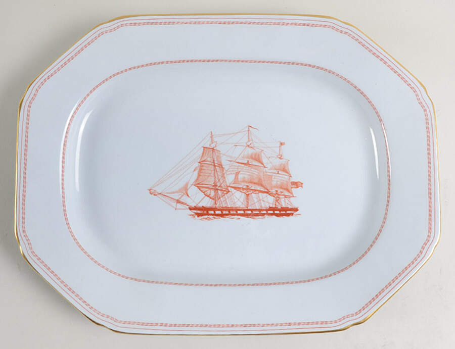 Trade Winds Red (Gold Trim) 14" Oval Serving Platter by Spode-1
