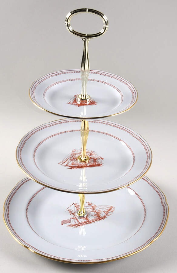 Trade Winds Red (Gold Trim) 13 7/8"-14 1/4" 3-Tiered Serving Tray(DP,SP,BB) HC by Spode-1