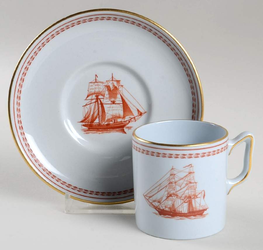 Trade Winds Red (Gold Trim) Flat Demitasse Cup & Saucer Set by Spode-1