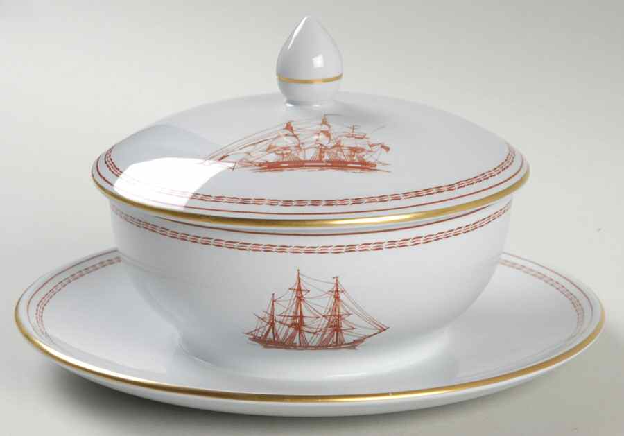 Trade Winds Red (Gold Trim) Sauce Boat with Attached Underplate & Lid by Spode-1
