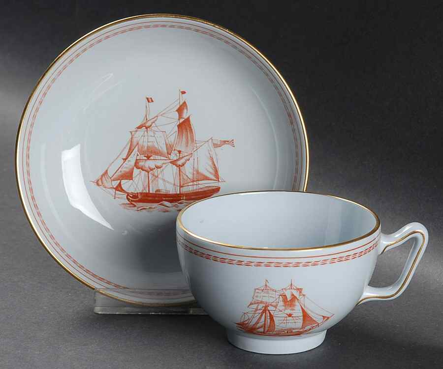 Trade Winds Red (Gold Trim) Canton Shape Footed Cup & Saucer Set by Spode-1