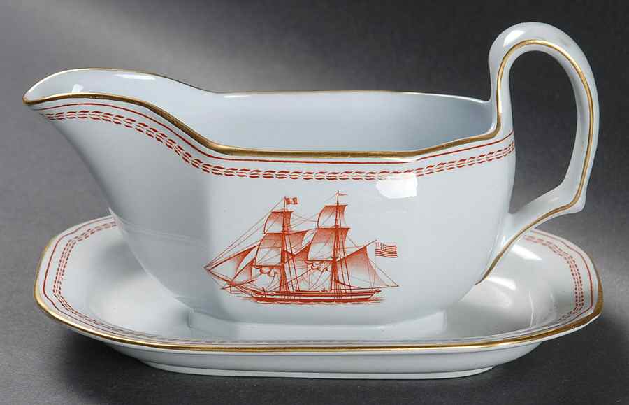 Trade Winds Red (Gold Trim) Gravy Boat with Attached Underplate by Spode-1