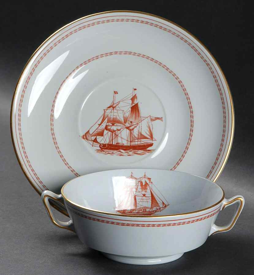 Trade Winds Red (Gold Trim) Footed Cream Soup Bowl & Saucer Set by Spode-1