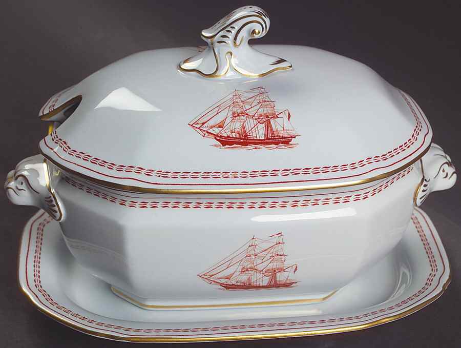 Trade Winds Red (Gold Trim) Sauce Boat & Lid with Underplate by Spode-1