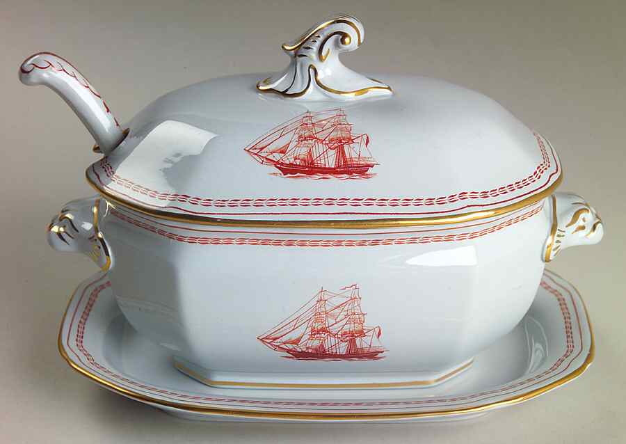 Trade Winds Red (Gold Trim) Sauce Boat & Lid & Underplate & Ladle by Spode-1