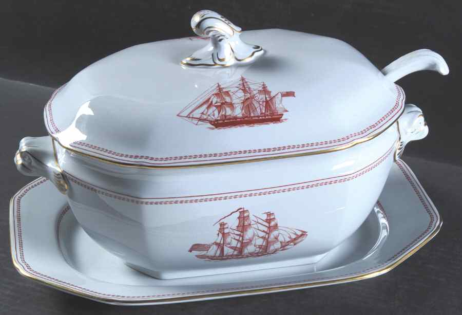 Trade Winds Red (Gold Trim) Tureen & Lid w/Ladle & Underplate by Spode-1