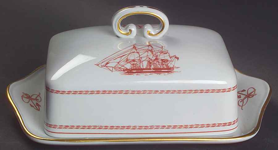 Trade Winds Red (Gold Trim) Rectangular Covered Butter by Spode-1