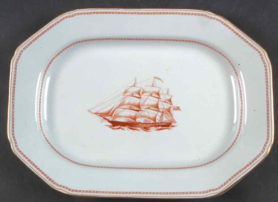Trade Winds Red (Gold Trim) 12" Oval Serving Platter by Spode-1