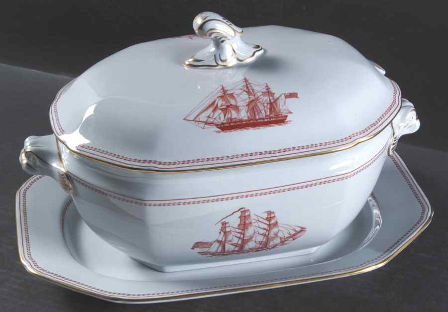 Trade Winds Red (Gold Trim) Tureen & Lid w/Underplate by Spode-1