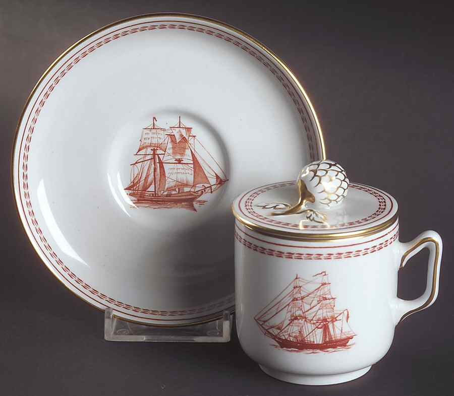 Trade Winds Red (Gold Trim) 3-Piece Pot de Creme with Underplate by Spode-1