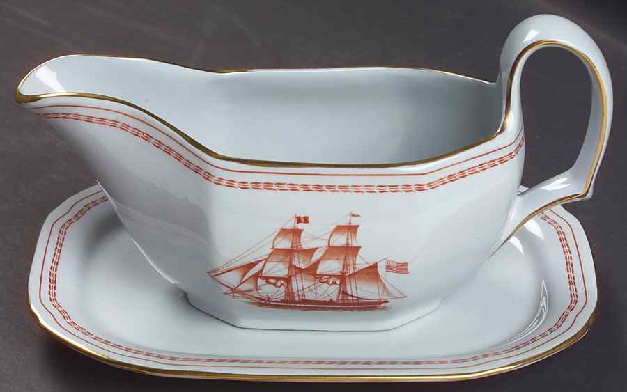 Trade Winds Red (Gold Trim) Gravy Boat & Underplate/Relish by Spode-1