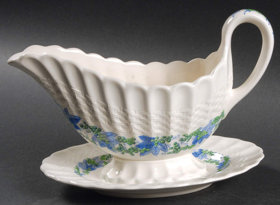 Valencia Blue Green (White Background) Gravy Boat with Attached Underplate by Spode-1