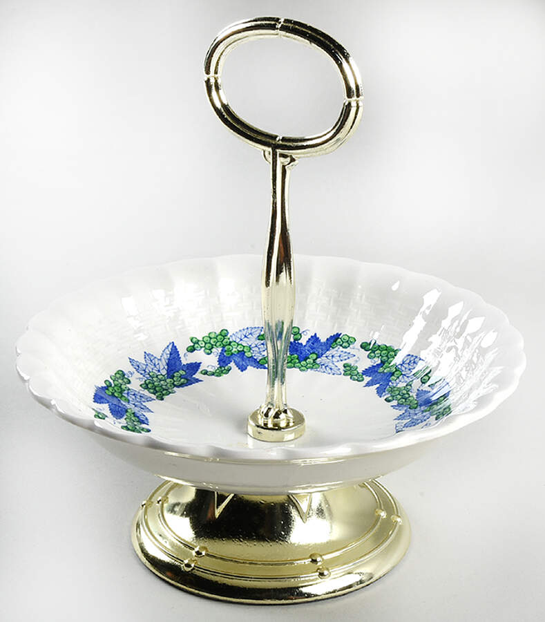 Valencia Blue Green (White Background) 6"-7" Handled Footed Nut Dish HC by Spode-1