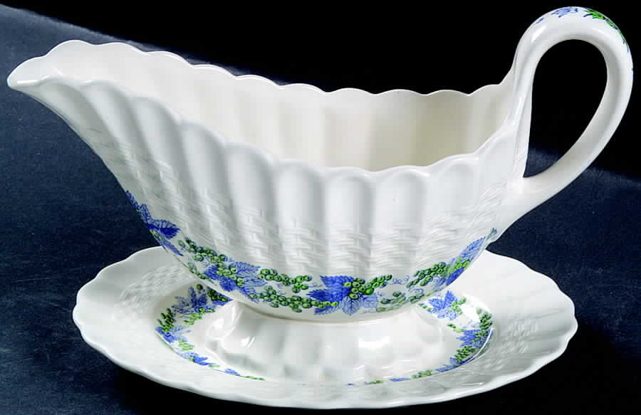 Valencia Blue Green (White Background) Gravy Boat with Attached Underplate by Spode-1