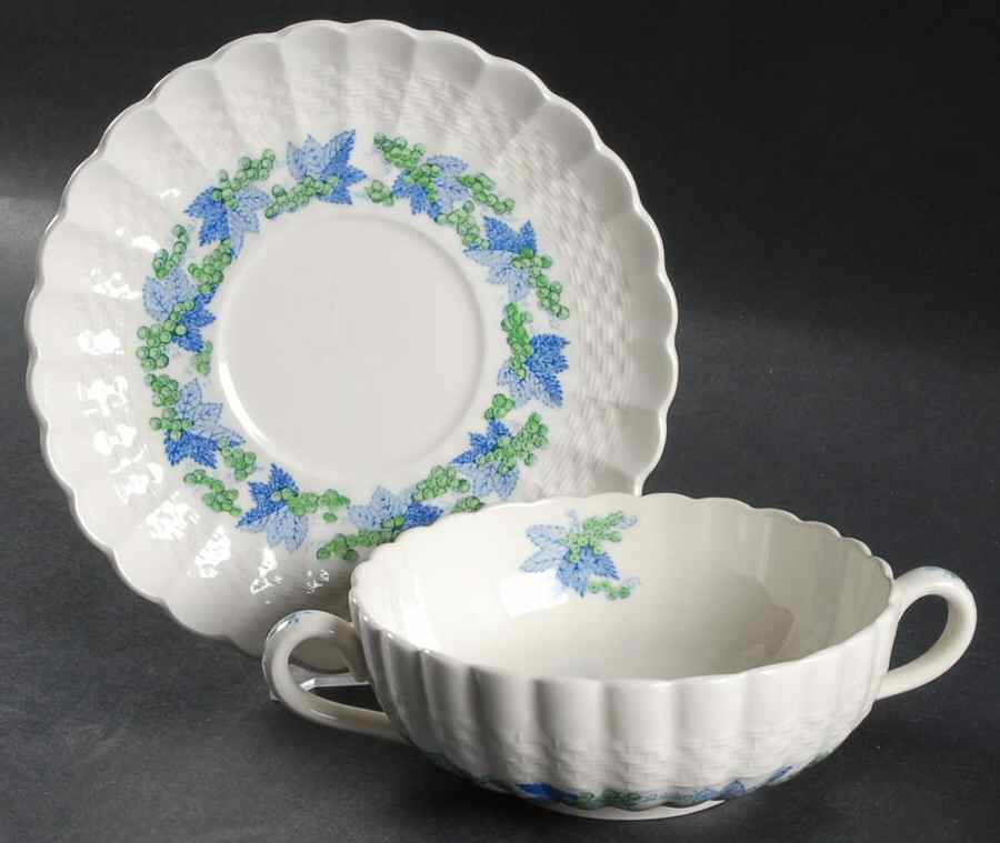 Valencia Blue Green (White Background) Flat Cream Soup Bowl & Saucer Set by Spode-1
