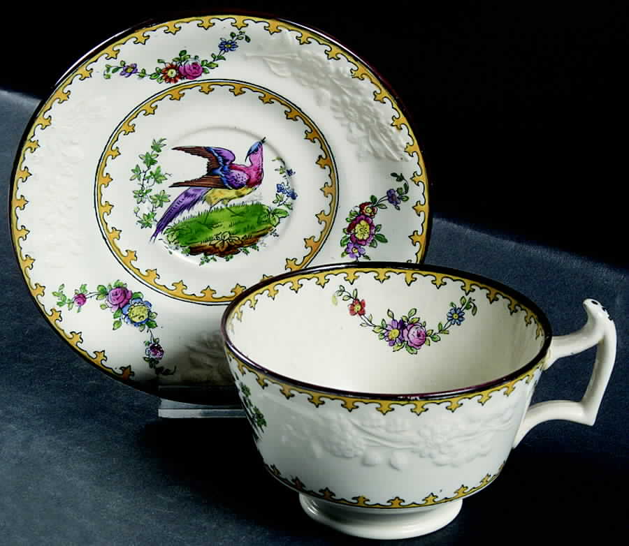 Vienna (Bird Center, Yellow, Smooth) Footed Cup & Saucer Set by Spode-1
