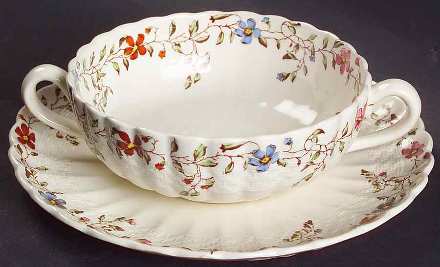 Wicker Dale Flat Cream Soup Bowl & Saucer Set by Spode-1