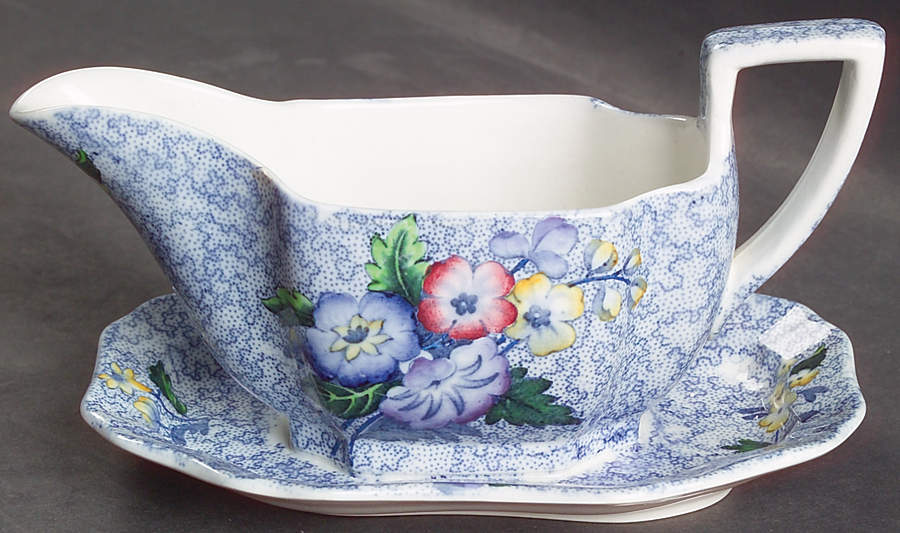 Wild Flower Blue Gravy Boat with Attached Underplate by Spode-1