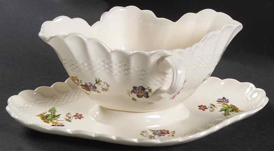 Wicker Lane (Basket Weave) Gravy Boat with Attached Underplate by Spode-1