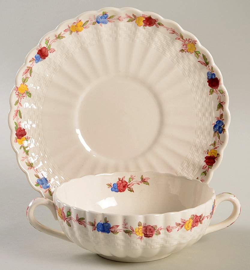 Wicker Rose Footed Cream Soup Bowl & Saucer Set by Spode-1