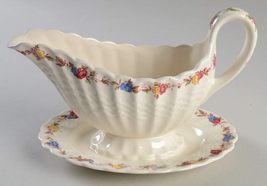 Wicker Rose Gravy Boat with Attached Underplate by Spode-1