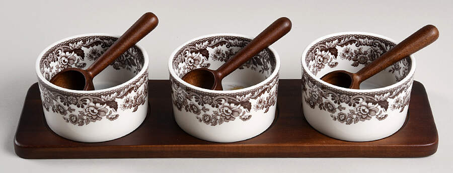 Woodland (7 Piece) Motif Condiment Bowl Set with Wood Tray & Wood Spoons by Spode-1