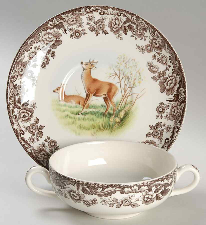 Woodland Flat Cream Soup Bowl & Saucer Set by Spode-1
