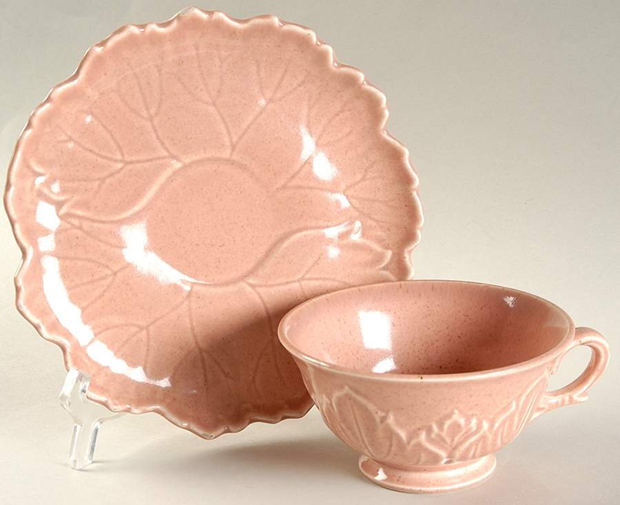 Woodfield Coral (Salmon Pink) Footed Cup & Saucer Set by Steubenville-1