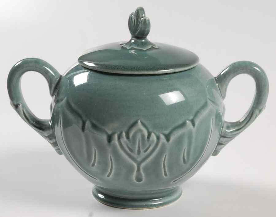 Woodfield Seafoam Green (Jungle) Footed Sugar Bowl & Lid by Steubenville-1