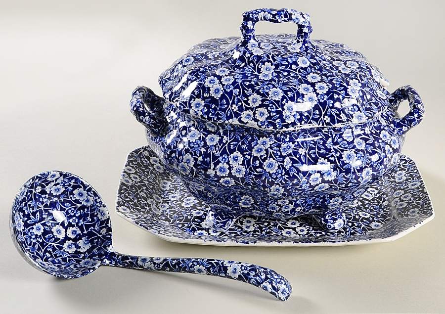 Calico Blue (Burleigh Stamp) Tureen & Lid w/Ladle & Underplate by Staffordshire-1