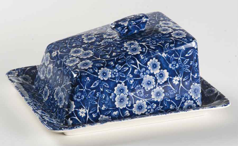 Calico Blue (Burleigh Stamp) Cheese Dish with Lid (Wedge) by Staffordshire-1