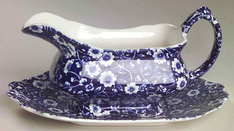 Calico Blue (Burleigh Stamp) Gravy Boat & Underplate by Staffordshire-1