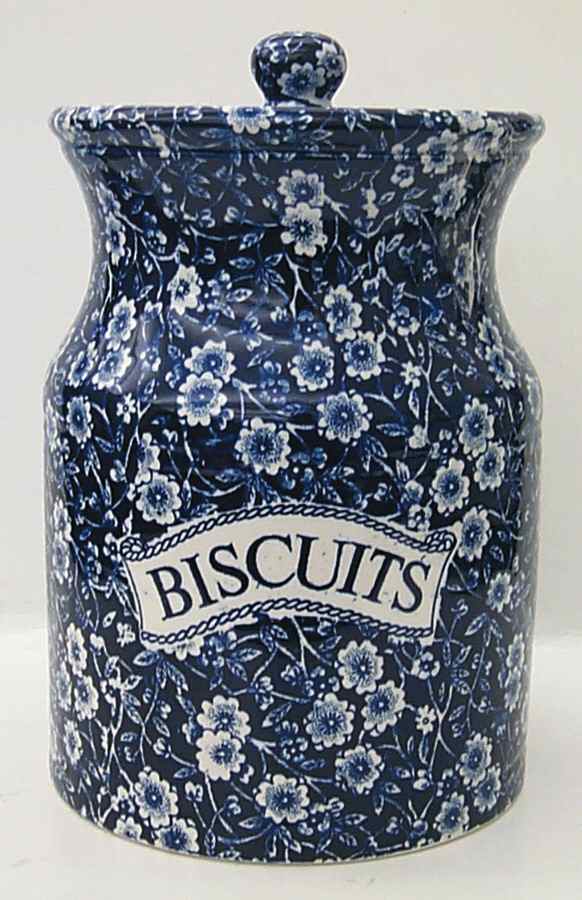Calico Blue (Burleigh Stamp) Biscuit Barrel & Lid by Staffordshire-1
