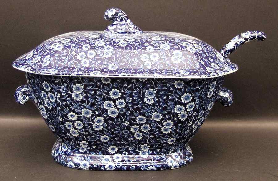 Calico Blue (Burleigh Stamp) Tureen & Lid w/Ladle by Staffordshire-1