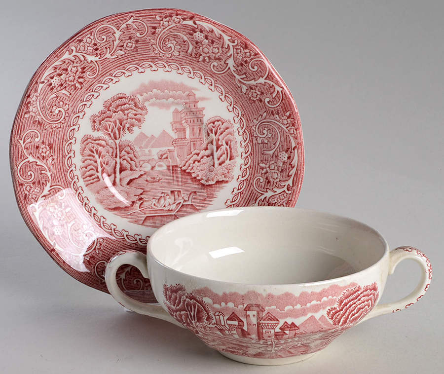 Canterbury Red Flat Cream Soup Bowl & Saucer Set by Staffordshire-1
