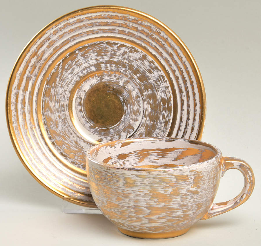 Antique Gold (Gold on Green Body) Flat Cup & Saucer Set by Stangl-1
