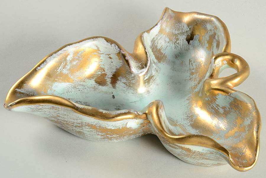 Antique Gold (Gold on Green Body) 8" Leaf Dish by Stangl-1