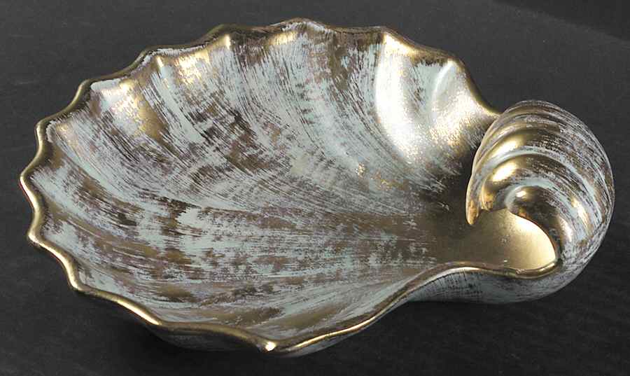Antique Gold (Gold on Green Body) Large Shell Shaped Dish by Stangl-1