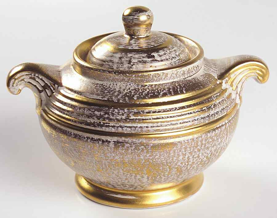 Antique Gold (Gold on Green Body) Sugar Bowl & Lid by Stangl-1