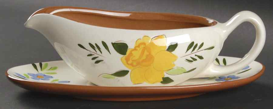 Country Garden (Brown Body and Carved) Gravy Boat & Underplate by Stangl-1