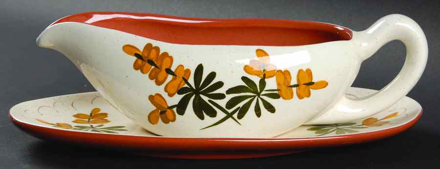 Golden Blossom (Brown Trim, Yellow Band) Gravy Boat & Underplate by Stangl-1