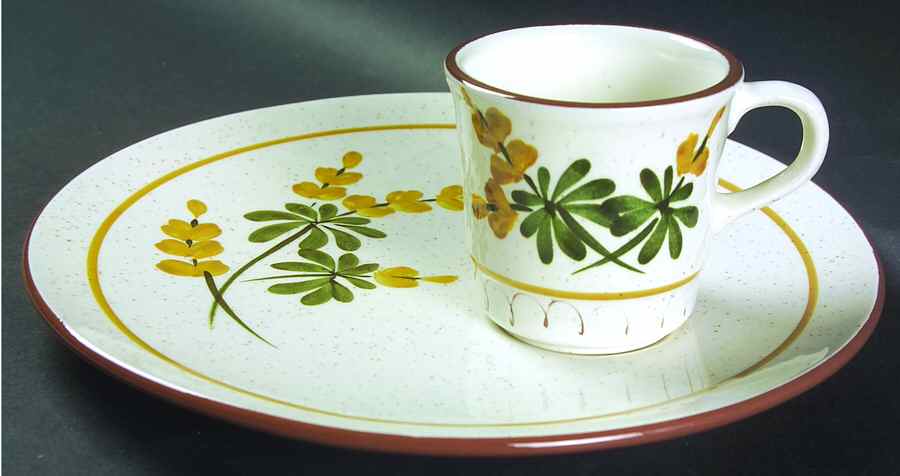 Golden Blossom (Brown Trim, Yellow Band) Snack Plate & Cup Set by Stangl-1